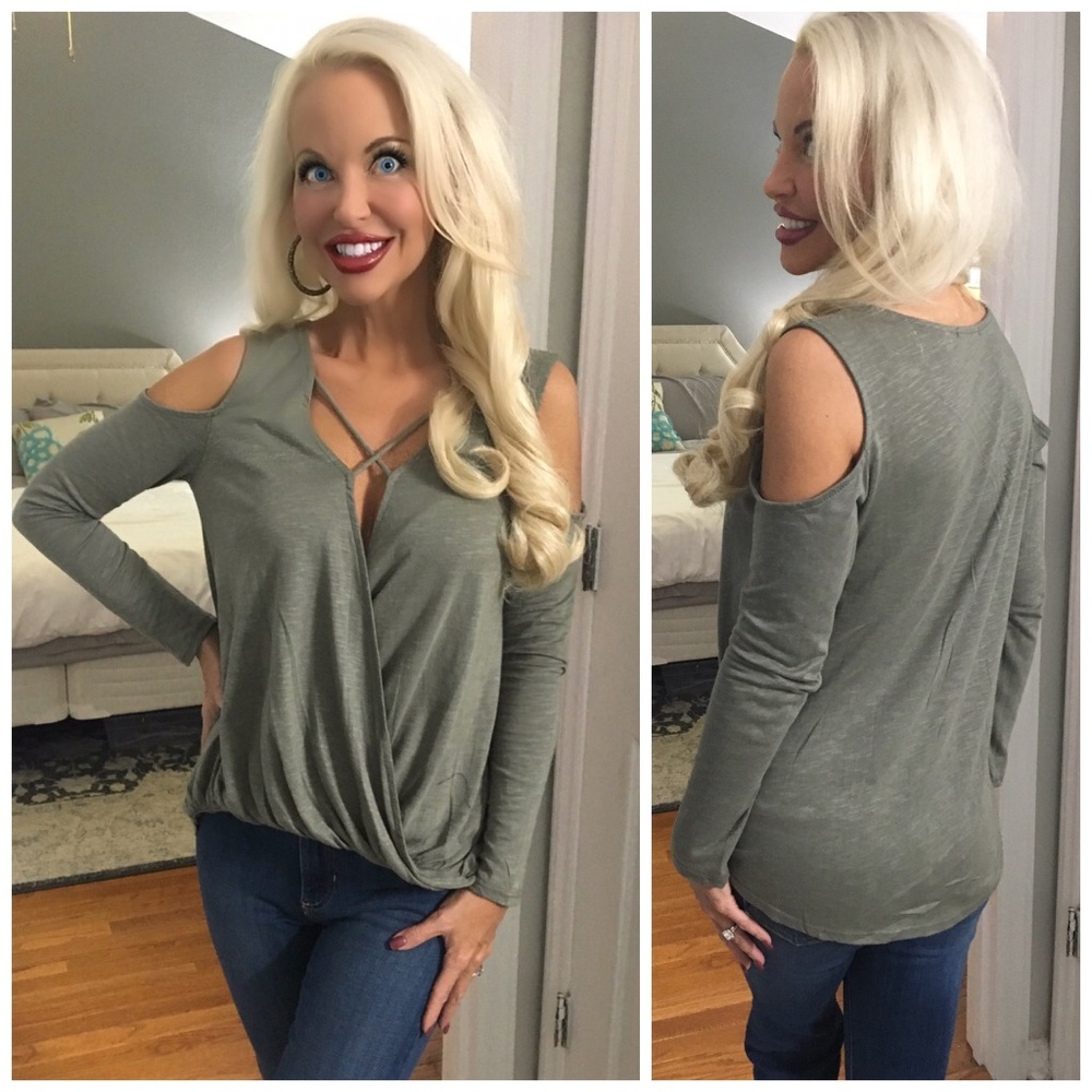 ❤️LAST 1! Olive Surplice Cold Shoulder Top! - Picture 2 of 2